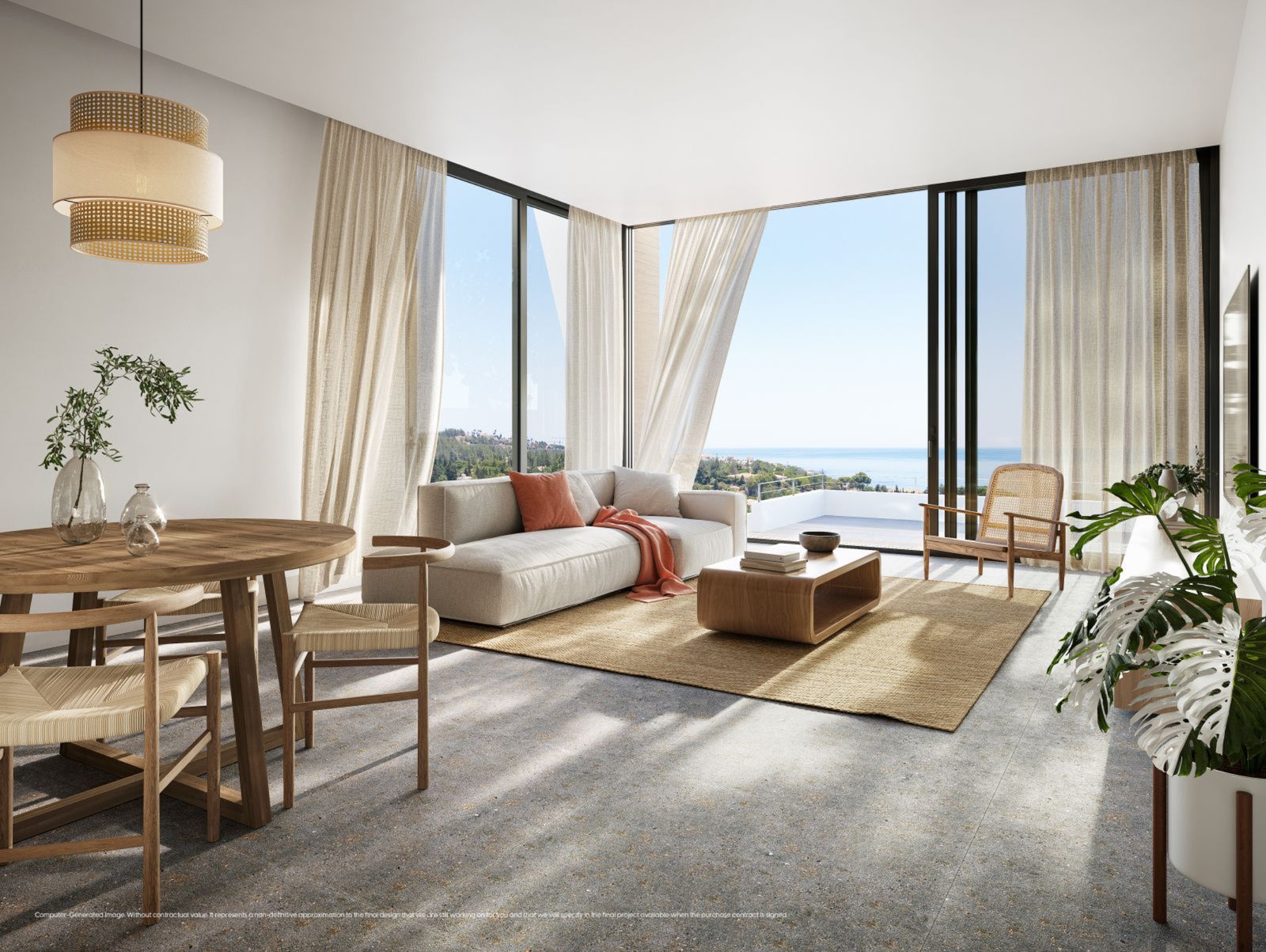 Lichte woonkamer met oceaanzicht, houten meubels en moderne inrichting