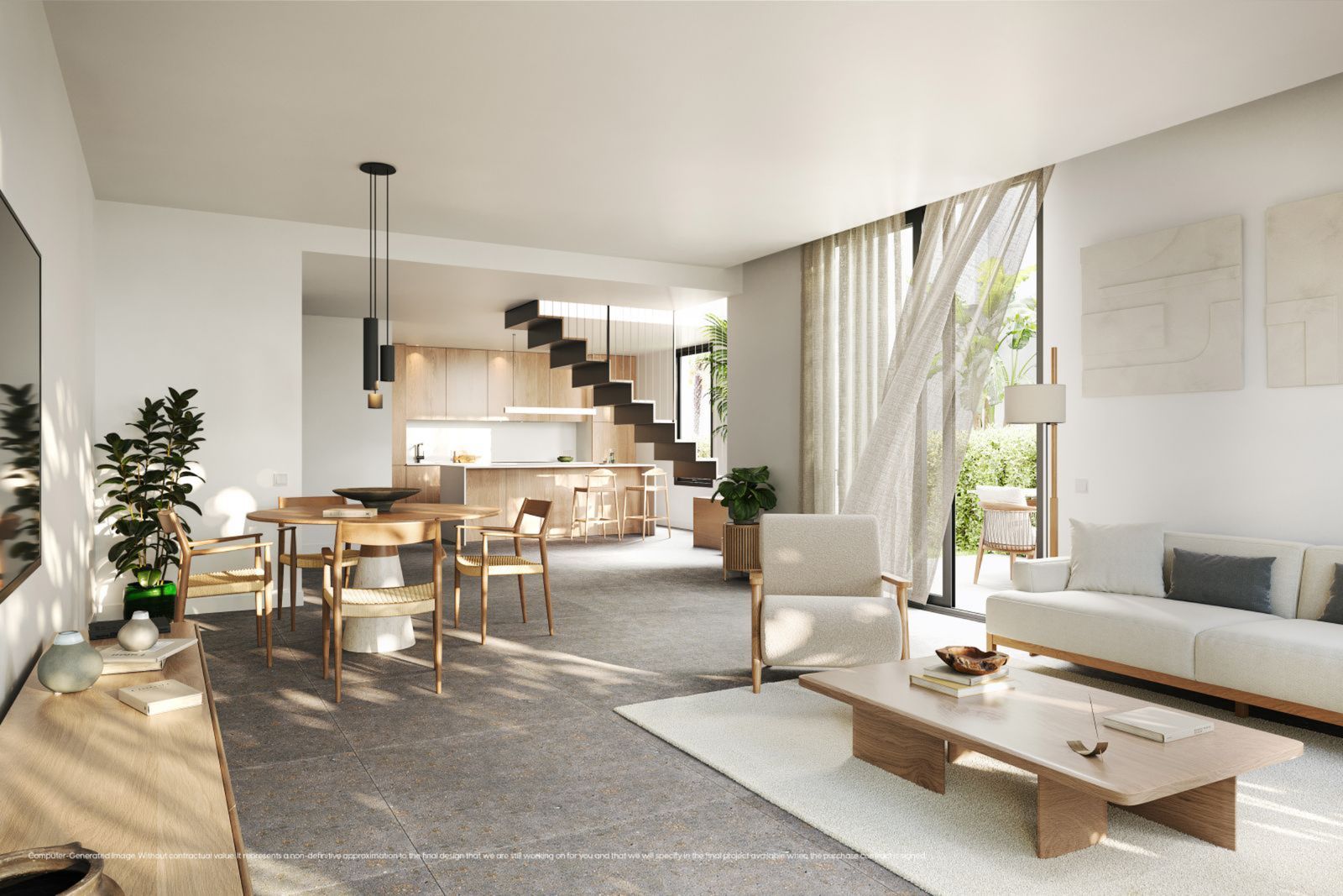 Moderne open woonkamer met keuken en trap naar boven.