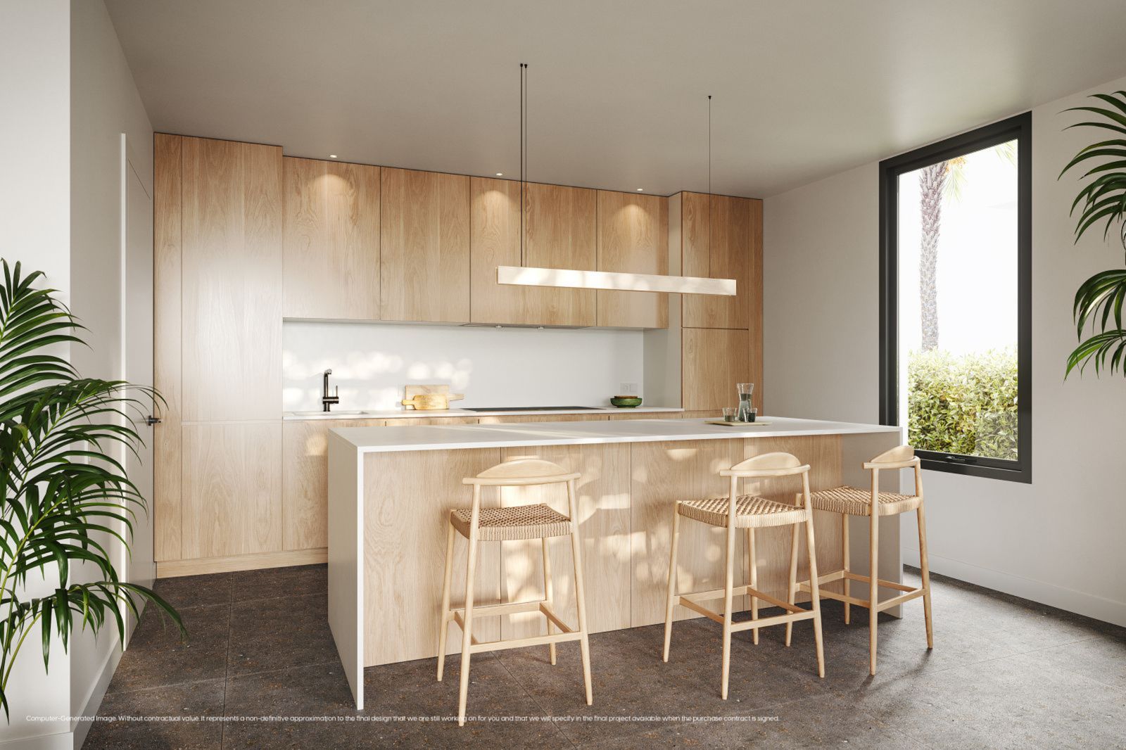 Moderne keuken met eiland en houten accenten.