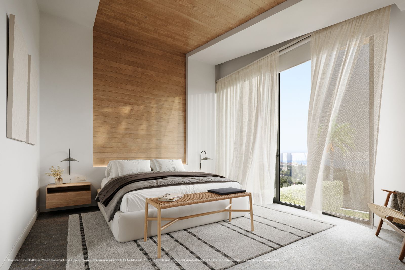 Moderne slaapkamer met veel natuurlijk licht en houten accenten.